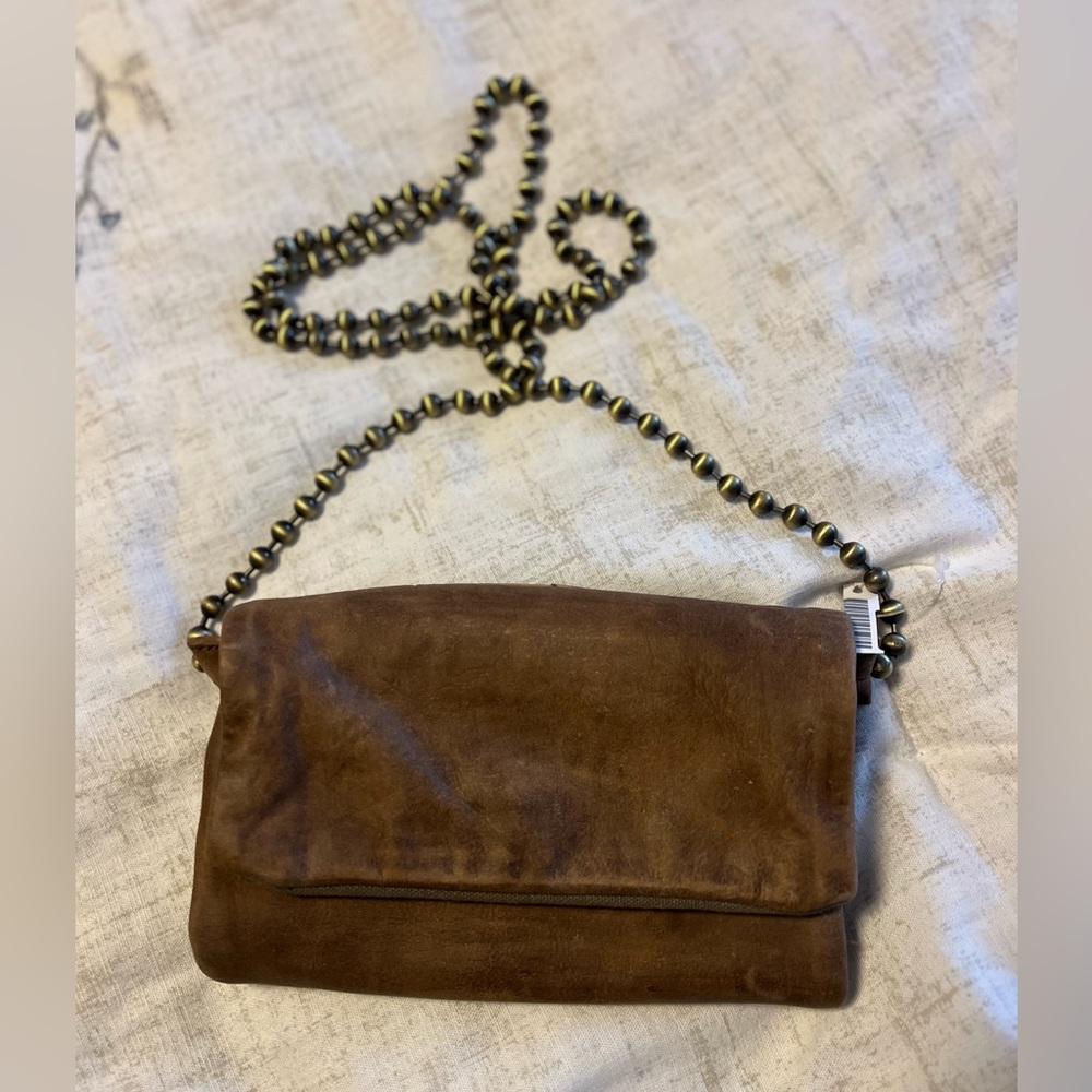 Free People Real Buffalo Leather Clutch with gold/brass beaded strap
